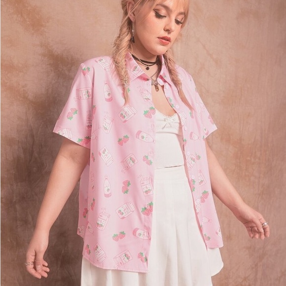 ROMWE Tops - ROMWE Pink Strawberry Graphic Button Down Shirt